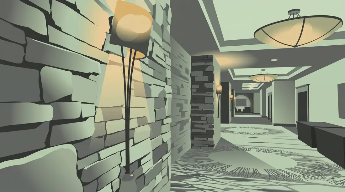 Drawing of a stone-walled River Rock hotel corridor