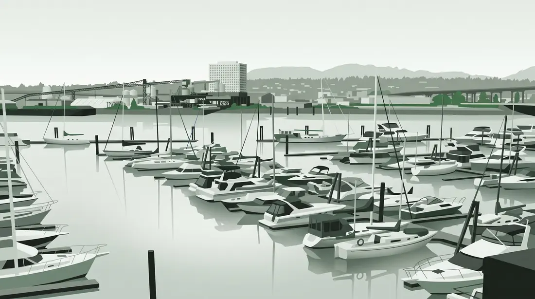 Drawing of boats moored at the marina beside River Rock