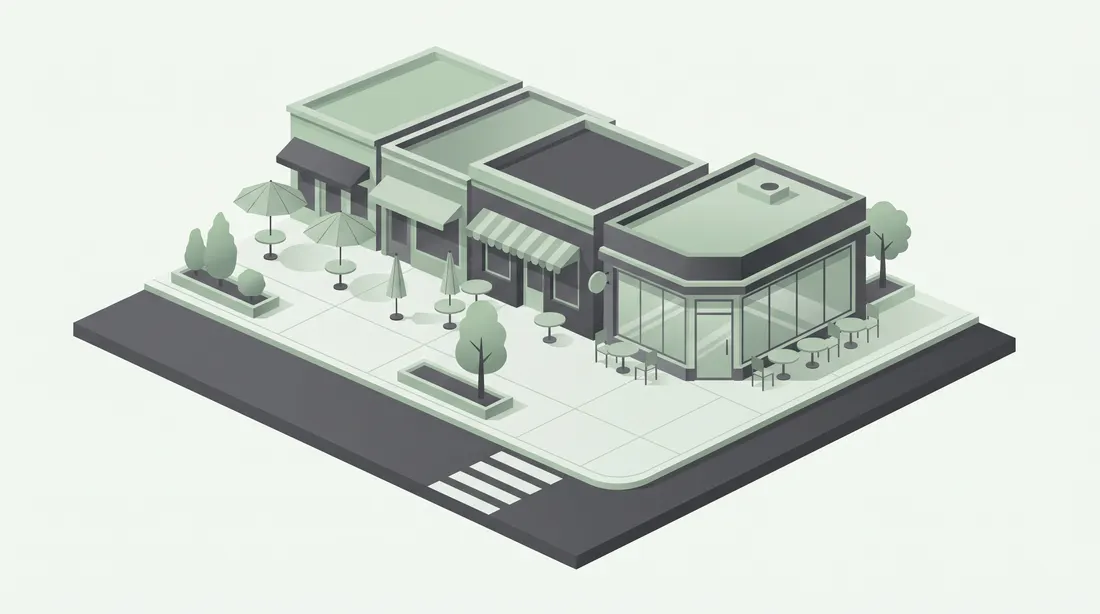 Street corner with small restaurants and a cafe, from above